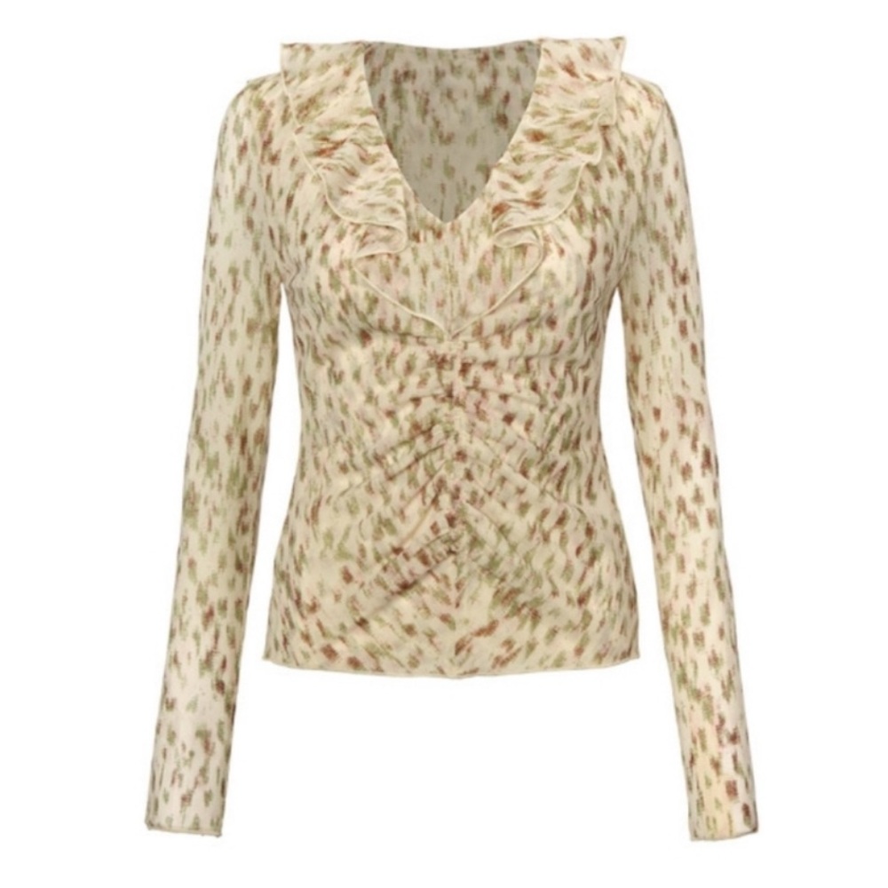 CAbi Ruffled V-Neck Long Sleeve Blouse in Cream with Olive and Brown Print